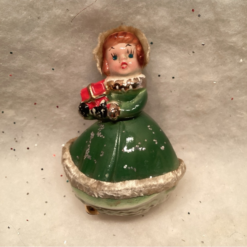 1940’s Christmas Figurine Rhinestone Eyes Fur Trim Japan 4.5” Green